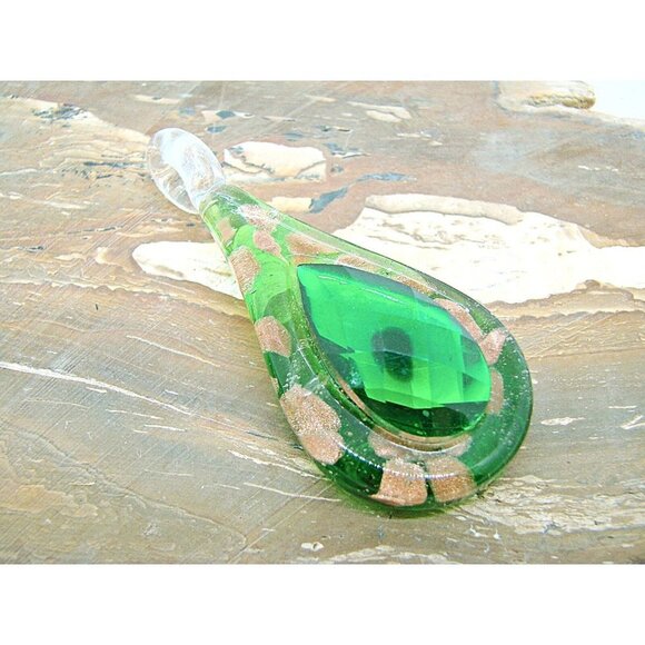 Emerald Green Teardrop Handmade Glass and Stone Fashion Pendant Gold Specks - Picture 7 of 11